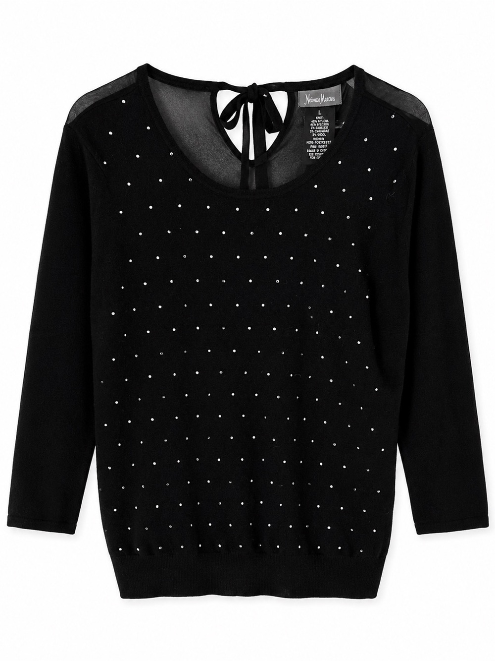 Neiman Marcus Black Rhinestone Sweater L Cashmere Angora Sheer Holiday Chic